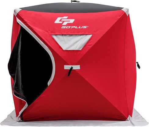 Goplus 2-4 People Ice Fishing Shelter, Pop-up Portable Ice Fishing Tent with Carrying Bag, Windows, Zippered Door, Ground Nail and Wind Rope, Insulated Ice Shanty House for Winter Fishing, Red in Saudi Arabia