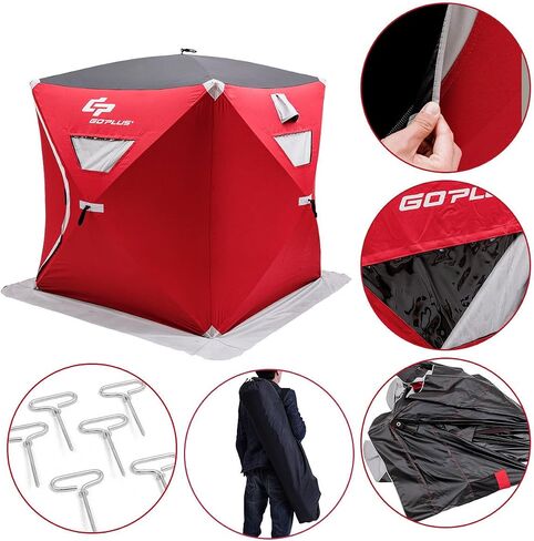 Goplus 2-4 People Ice Fishing Shelter, Pop-up Portable Ice Fishing Tent with Carrying Bag, Windows, Zippered Door, Ground Nail and Wind Rope, Insulated Ice Shanty House for Winter Fishing, Red in Saudi Arabia