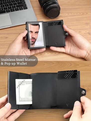 Minimalist Wallet for Men,Mens Wallet Card Holder Compatible with AirTag,Genuine Leather,ID Window,Pop Up Wallet Case,RFID Blocking,Slim Wallet with Magnetic Closure for Cash Credit Cards in Saudi Arabia
