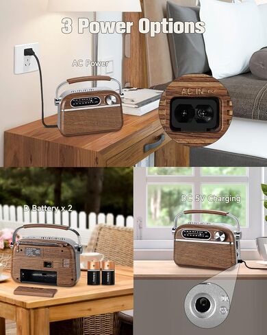【2024 Newest】 PRUNUS J-130 Retro Vintage Radio,Portable AM FM Radio Plug in Wall, Battery Operated Radio/Rechargeable Radio, Small Transistor Radio with Bluetooth,Support TF Card/USB Playing in Saudi Arabia