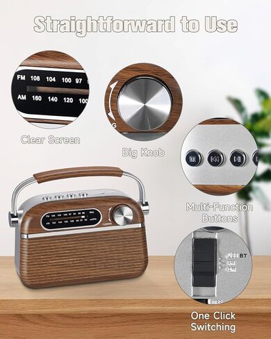【2024 Newest】 PRUNUS J-130 Retro Vintage Radio,Portable AM FM Radio Plug in Wall, Battery Operated Radio/Rechargeable Radio, Small Transistor Radio with Bluetooth,Support TF Card/USB Playing in Saudi Arabia