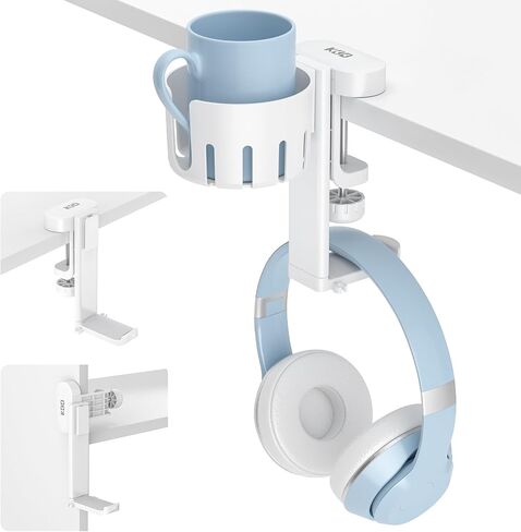 KDD 2 in 1 Headphone Hanger with Desk Cup Holder - Under Desk Clamp Rotatable Headset Holder - Suitable for Coffee Mups, Water Cups, Headphone(White) in Kuwait