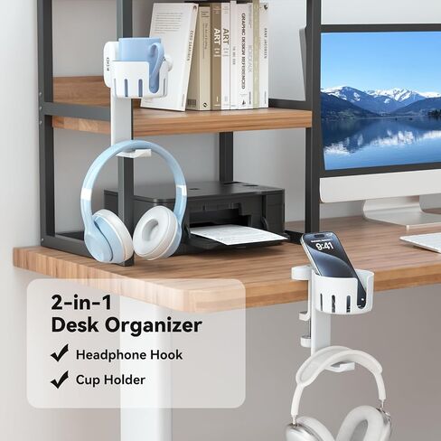 KDD 2 in 1 Headphone Hanger with Desk Cup Holder - Under Desk Clamp Rotatable Headset Holder - Suitable for Coffee Mups, Water Cups, Headphone(White) in Kuwait