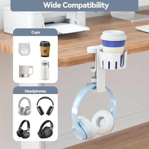 KDD 2 in 1 Headphone Hanger with Desk Cup Holder - Under Desk Clamp Rotatable Headset Holder - Suitable for Coffee Mups, Water Cups, Headphone(White) in Kuwait
