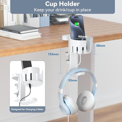 KDD 2 in 1 Headphone Hanger with Desk Cup Holder - Under Desk Clamp Rotatable Headset Holder - Suitable for Coffee Mups, Water Cups, Headphone(White) in Kuwait