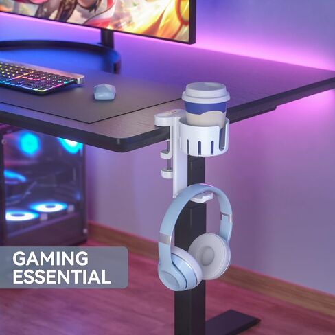 KDD 2 in 1 Headphone Hanger with Desk Cup Holder - Under Desk Clamp Rotatable Headset Holder - Suitable for Coffee Mups, Water Cups, Headphone(White) in Kuwait