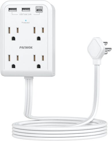 Flat Multi Plug Extender with 3 USB Wall Charger(1 Type C), 4 Outlet Wall Adapter, 4 ft Thin Extension Cord, Flat Plug Surge Protector Power Strip for Home, Office, College Dorm. White in Saudi Arabia