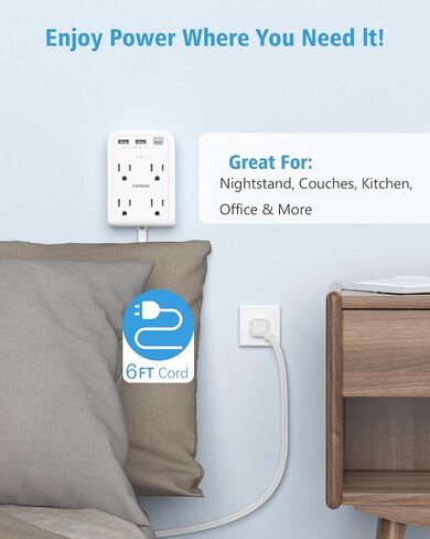 Flat Multi Plug Extender with 3 USB Wall Charger(1 Type C), 4 Outlet Wall Adapter, 4 ft Thin Extension Cord, Flat Plug Surge Protector Power Strip for Home, Office, College Dorm. White in Saudi Arabia