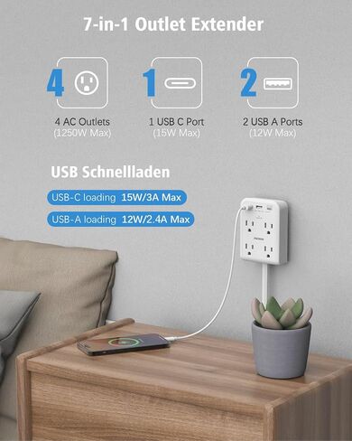 Flat Multi Plug Extender with 3 USB Wall Charger(1 Type C), 4 Outlet Wall Adapter, 4 ft Thin Extension Cord, Flat Plug Surge Protector Power Strip for Home, Office, College Dorm. White in Saudi Arabia