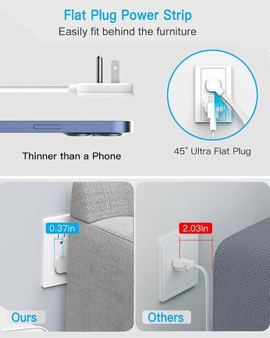 Flat Multi Plug Extender with 3 USB Wall Charger(1 Type C), 4 Outlet Wall Adapter, 4 ft Thin Extension Cord, Flat Plug Surge Protector Power Strip for Home, Office, College Dorm. White in Saudi Arabia