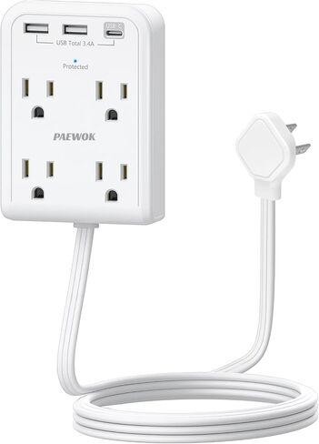 Flat Multi Plug Extender with 3 USB Wall Charger(1 Type C), 4 Outlet Wall Adapter, 4 ft Thin Extension Cord, Flat Plug Surge Protector Power Strip for Home, Office, College Dorm. White in Saudi Arabia