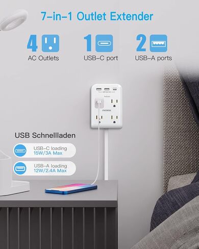 Flat Multi Plug Extender with 3 USB Wall Charger(1 Type C), 4 Outlet Wall Adapter, 4 ft Thin Extension Cord, Flat Plug Surge Protector Power Strip for Home, Office, College Dorm. White in Saudi Arabia