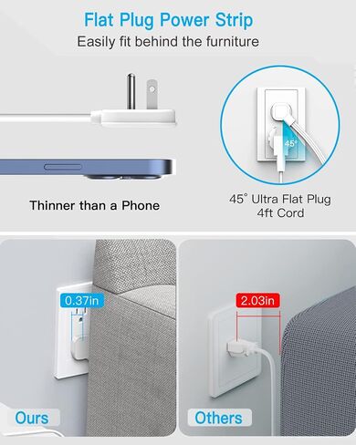 Flat Multi Plug Extender with 3 USB Wall Charger(1 Type C), 4 Outlet Wall Adapter, 4 ft Thin Extension Cord, Flat Plug Surge Protector Power Strip for Home, Office, College Dorm. White in Saudi Arabia