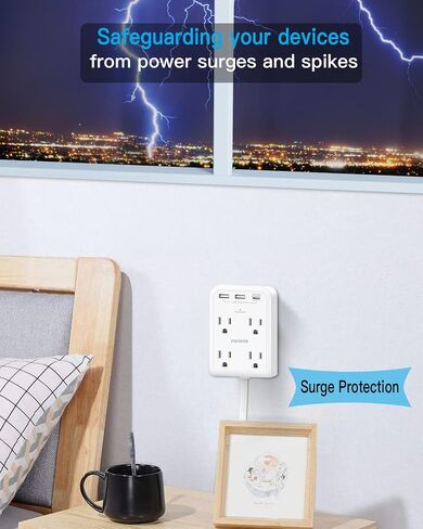 Flat Multi Plug Extender with 3 USB Wall Charger(1 Type C), 4 Outlet Wall Adapter, 4 ft Thin Extension Cord, Flat Plug Surge Protector Power Strip for Home, Office, College Dorm. White in Saudi Arabia