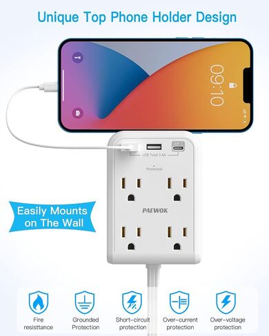 Flat Multi Plug Extender with 3 USB Wall Charger(1 Type C), 4 Outlet Wall Adapter, 4 ft Thin Extension Cord, Flat Plug Surge Protector Power Strip for Home, Office, College Dorm. White in Saudi Arabia
