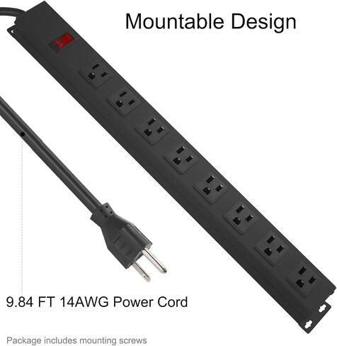 HHOSET Heavy Duty Long 8 Outlets, 14AWG Extension Cord, Black, 6FT, 1 | Metal, Wall Mountable Power Strips with Surge Protection, Switch, Office Under Desk Accessories, Wide Spaced in Kuwait