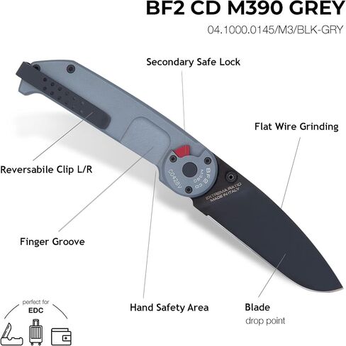 Extrema Ratio - BF2 CD (Black), Böhler N690 Steel Blade 58 HRC, Black Satin Finish, Smooth Anodized Aluminum Handle, Reversible Clip, Compact Foldable Design, Italian Craftsmanship in Kuwait