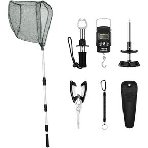 Hungdao 7 Pcs Fishing Gear and Equipment Include Fishing Net, Fish Hook Remover Tool, Digital Fish Scale, Fishing Pliers, Fishing Lanyard Fishing Tool Kit for Men(Black,51.2 Inches)
