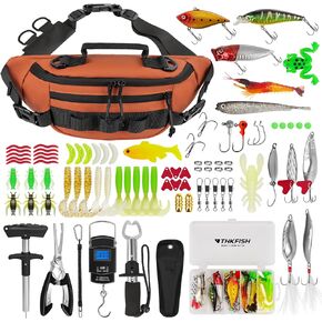 THKFISH 85Pcs Fishing Tool Kit, Fishing Tackle Box with Tackle Sling Bag Included, Fishing Pliers Kit Fishing Bait Lure Gear Kit with Fishing Waist Pack for Kids & Adults