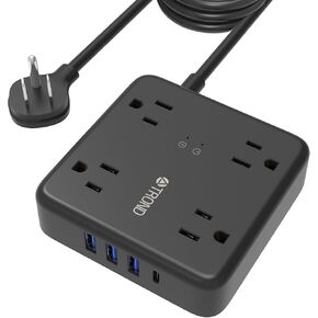 TROND Flat Plug Surge Protector Power Strip with USB Ports, 5ft Extension Cord with Multiple Outlets, 1440J Surge Protection, Multi Plug Wall Outlet for Home Office Dorm Room Essentials, White