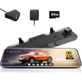 WOLFBOX G900 Rear View Mirror Camera, Mirror Dash Cam 4K Front and 2.5K Rear, Smart Full 12’’ Touch Screen, Backup Camera for Car, GPS, WDR, Night Vision, Included 64GB Card