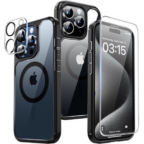 TAURI Magnetic for iPhone 15 Pro Max Case Black, [Designed for Magsafe] with 2X Screen Protector + 2X Camera Lens Protector, Military-Grade Drop Protection Slim Case for iPhone 15 Pro Max