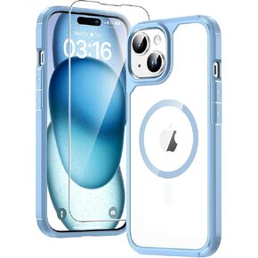 TAURI 5-in-1 Magnetic for iPhone 15 Case Blue, [Compatible with Magsafe] [Not Yellowing] with 2X Screen Protector +2X Camera Lens Protector, Slim Shockproof Phone Case for iPhone 15