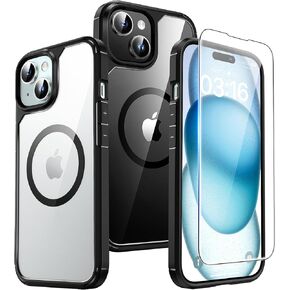 حافظة TAURI 3 في 1 لهاتف iPhone 15، [متوافقة مع Magsafe] [غير صفراء] مع واقي شاشة 2X، حافظة هاتف نحيفة مقاومة للصدمات لهاتف iPhone 15 - أسود in Kuwait