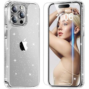 حافظة TAURI 3 في 1 لهاتف iPhone 15 Pro لامعة، [ليست صفراء] مع واقي شاشة 2X، [حماية من السقوط من الدرجة العسكرية] حافظة هاتف لامعة لطيفة لامعة، شفافة لامعة