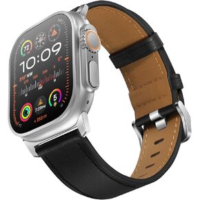 UUPWPOKT Compatible with Apple Watch Ultra 2 / Ultra Band 49mm 46mm 45mm 44mm 42mm Men, Genuine Leather Band Strap for iWatch Ultra Series 10 9 8 7 6 5 4 3 2 1 SE, Retro Brown/Titanium