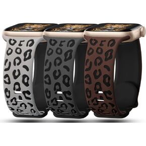 3 Pack Leopard Engraved Bands Compatible with Apple Watch Band 41mm 40mm 38mm 42mm 44mm 45mm 46mm 49mm Women, Soft Silicone Cheetah Embossed Sport Strap for iWatch Series 10 9 8 7 6 5 4 3 2 1 Ultra
