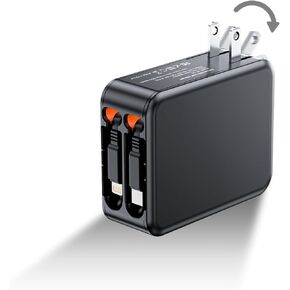 3 in 1 Retractable Wall Charge with Dual Cables, 35W USB C Charger Block with Foldable Plug, 62W Power Adapter Fast Charging for iPhone 16/15/14/13/12/11 Series, Pad, LG, Samsung and More