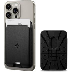 Spigen Magnetic Wallet Card Holder (MagFit) Designed for MagSafe Compatible with iPhone 16, iPhone 15, iPhone 14, iPhone 13, iPhone 12 Models - PU Black (3-Cards)