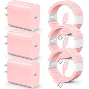 for iPhone Charger Fast Charging,【MFi Certified】 3 Pack 20W PD USB C Wall Charger Adapter with 6FT USB C to ightning Fast Charging Cable Compatible with iPhone 14/13/12/11/Pro/Pro Max/Xs/Xr/X, Pink