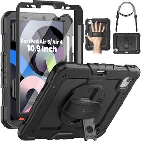 SEYMAC Case for iPad 10th Generation Case 10.9 Inch 2022, Sturdy Heavy Duty Full-Body Shockproof Protective Case with Screen Protector, Rotating Stand, Hand/Shoulder Strap for iPad 10th Gen, Black