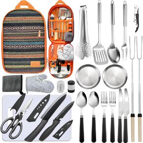 Camping Cooking Set- 24 Pcs Camping Utensils Camping Essentials Camping Gear for Camp Kitchen Cooking and Grilling, Portable Outdoor Cooking Travel Set for RV Tent Camper, BBQs, Camping Accessories