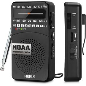 PRUNUS NOAA Weather Radio AM FM, Battery Powered Radio by AA, Transistor Radio, Earphone Jack, Portable Radio AM FM WB for Emergency, Hurricane, Floods, snowstorms