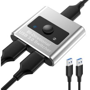 USB 3.0 Switch Selector, Bi-Directional USB Switch 2 in 1 Out / 1 in 2 Out, Aluminum USB Switcher 2 Computers Share 1 Device for Printer, Keyboard, USB Sharing Switch with 2 USB 3.0 Cables(4.9ft)