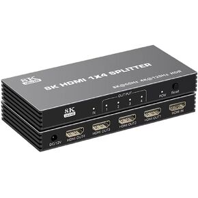 موزع HDMI 8K 1 في 4 مخرج - 4K@120 هرتز 8K@60 هرتز 1x4 HDMI 2.1 مكرر/مرآة لأي إشارة HDMI، 8K Ultra HD، EARC، HDCP 2.3، HDR، VRR، EDID، للتلفزيون/الشاشة/Fire Stick/ PS5 PS4 / اكس بوكس ​​/ لاعب