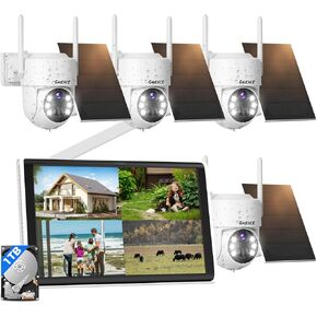 Wireless Solar Camera System Outdoor, 4PCS 4MP Battery Powered Cameras, No Monthly Fee, 360° View Pan Tilt, PIR Motion Detection, Color Night Vision, IP66, 2-Way Audio, 10" Monitor