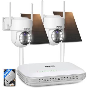Wireless Solar Camera System Outdoor, 2PCS 4MP Home Battery Camera with 500GB HDD, 【No Monthly Fee】, Pan Tilt 360° View, PIR Motion Detection, Color Night Vision, IP66, 2-Way Audio