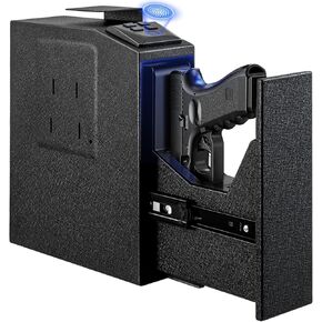 Biometric Gun Safe for Handgun,Fingerprint Bedside Gun Safe with Fingerprint, PIN Code, KEY Access,Upgrade 6 Numeric Buttons,Electric Quantity Display,Emergency Charging Port