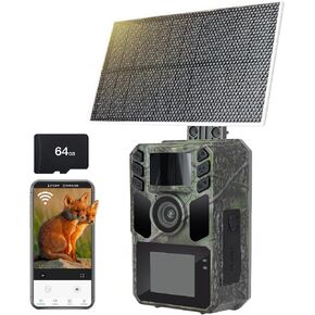 WiFi Trail Camera Solar Trail Cam - Rechargeable Trail Camera Built-in 5000mAh Battery - 4K 64MP Hunting Camera with Night Vision for Wildlife Monitoring with 64GB Memory Card