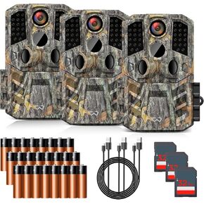 Trail Camera 3 Pack 30MP 1920P HD Game Camera with SD Cards, 0.2s Trigger Time Infrared Night Vision Motion Activated Hunting Camera, IP66 Waterproof 2.0''LCD Wildlife Camera for Monitoring