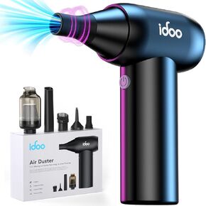 منفضة الهواء المضغوط iDOO - منفضة كهربائية معدنية لحلاقة الشعر، منفاخ هواء جاف صغير محمول 3 تروس، مكنسة كهربائية لاسلكية، علبة قابلة لإعادة الاستخدام للكمبيوتر الشخصي، المكتب، المروحة، الكمبيوتر المحمول، لوحة المفاتيح، في الهواء الطلق، السيارة