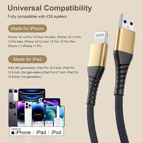 [ Apple Certified 2pack ] iPhone Charger 6ft,Lightning Cable Long 6 Foot Cord, Fast Charging Cables for Apple iPhone 12/11/11Pro/11Max/ X/XS/XR/XS Max/8/7/6/5S/SE/iPad Mini Air (Blue) in Kuwait