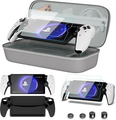 bibuks 8 in 1 Accessories Compatible with Playstation Portal,Carrying Case for PS Portal,Soft Silicone Protective Cover for PS5 Portal,2 Screen Protector with 4 Thumb Grip (Black) in Kuwait