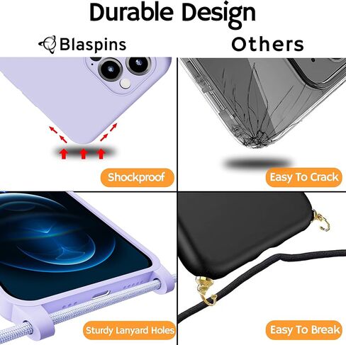Blaspins Crossbody Lanyard Strap Case for iPhone 16 Pro, Hands-Free Neck Cross Body Wrist, Adjustable Rope Removable, Drop Protection Shockproof Silicone Case 6.3 inch, 160 cm Strap, iP16Pro - Purple in Kuwait