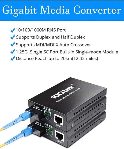BiDi Gigabit Single Mode SC Media Converter, 10/100/1000M Fiber to Ethernet Converter, 1000Base-FX Single SC to 10/100/1000Base-T/TX RJ45, Built-in Fiber Module, SMF, 1310/1550nm, 20km, 1 Pair in Kuwait