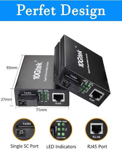 BiDi Gigabit Single Mode SC Media Converter, 10/100/1000M Fiber to Ethernet Converter, 1000Base-FX Single SC to 10/100/1000Base-T/TX RJ45, Built-in Fiber Module, SMF, 1310/1550nm, 20km, 1 Pair in Kuwait